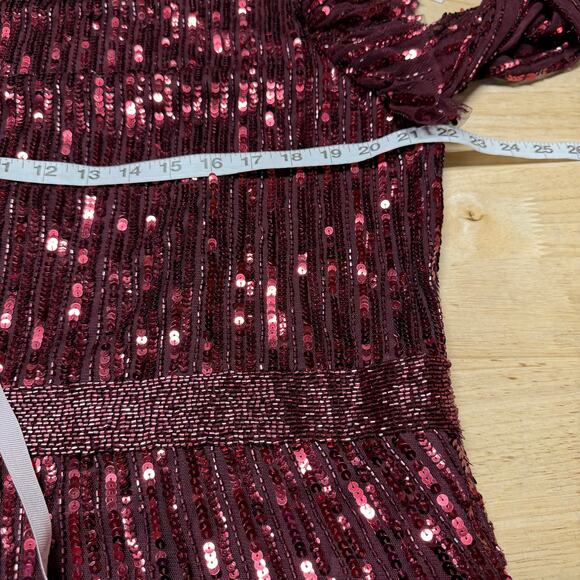 Mac Duggal NWT Red Long Sleeve Ruffle Detail Sequin Midi Dress Size 16 High Neck - Picture 7 of 10